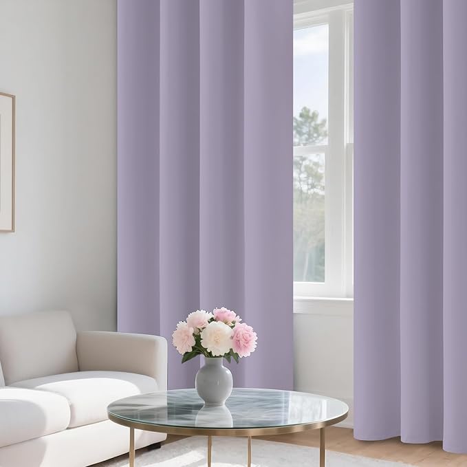 COSVIYA 100% Blackout Curtains for Bedroom with Black Liner, Full Light Blocking Thermal Insulated Grommet Window Treatment 96 Inches Length, Lilac, 2 Panels