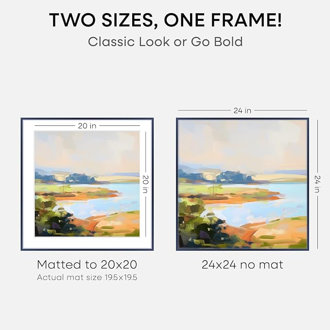 Homeforia 24x24 Picture Frame Navy Blue, High End Metal 24 x 24 Large Square Poster Frame with Mat 20 by 20 inch Photo, 24by24 Thin Frames Matted to 20x20 for Print, Tempered Glass, Wall Kit, Set of 2