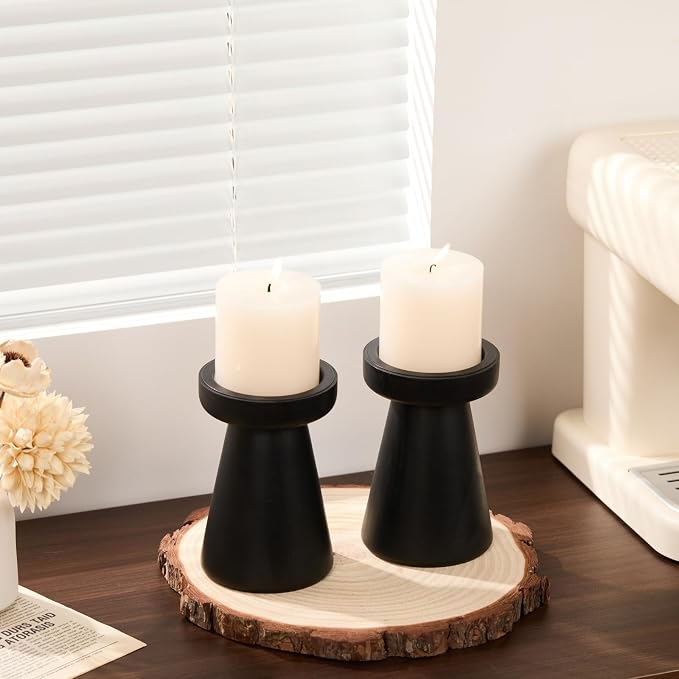 Wood Candle Holders for Pillar Candles, Set of 2 Vintage Rustic Tall Modern Farmhouse Decor, Decorative Wooden Candlestick Stand for Fireplace Mantel, Table Centerpiece - Black