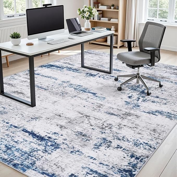Area Rug Living Room Rugs: 8x10 Large Soft Indoor Carpet Modern Abstract Rug with Non Slip Rubber Backing for Under Dining Table Nursery Home Office Bedroom White Gray Blue