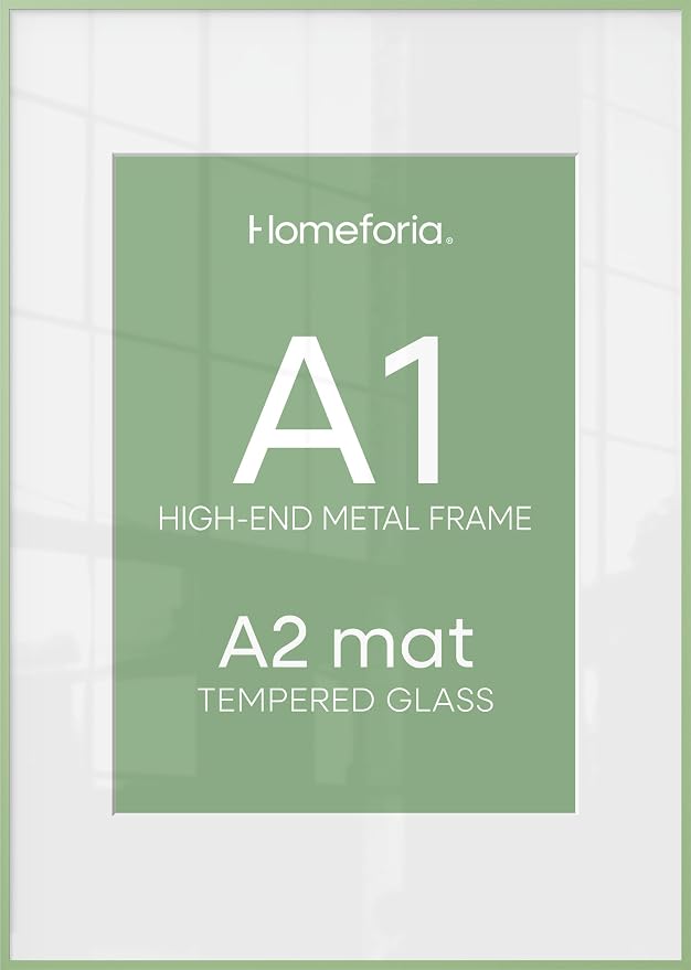 Homeforia A1 Poster Frame Sage Green, High End Metal A1 Large Picture Frames with Mat A2 Photo, 23.4 x 33.1 Frames Matted to 16.5 x 23.4 Print, 23.4x33.1 Thin Frame, Tempered Glass, Wall Kit, Set of 2
