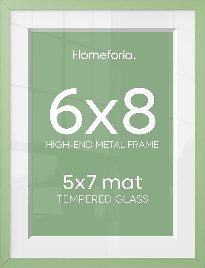 Homeforia Sage Green 6x8 Picture Frame, High End Metal 6 x 8 Frames with Mat 5 x 7 for Photo, 6by8 Desk Frame Matted to 5x7 inch Art, 6 by 8 Wall or Tabletop Frames, Tempered Glass, Wall Kit, Set of 2