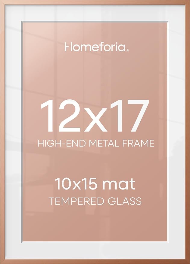 Homeforia 12x17 Picture Frame Rose Gold, High End Metal 12x17 Poster Frames with Mat 10x15 Photo, 12 x 17 Rose Gold Frame Matted to 10 by 15 Print, 17x12 Thin Frame, Tempered Glass, Wall Kit, Set of 1