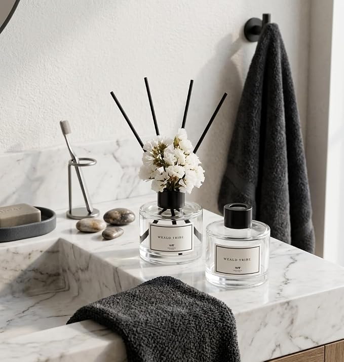 WEALD TRIBE Real Flower Reed Diffuser Set of 3 for Bathroom Shelf Decor, Cashmere & Vanilla, Lemongrass, Eucalyptus & Mint Scent Sticks Defusers with Essential Oils | Home Fragrance(1.7 fl oz/Pack)