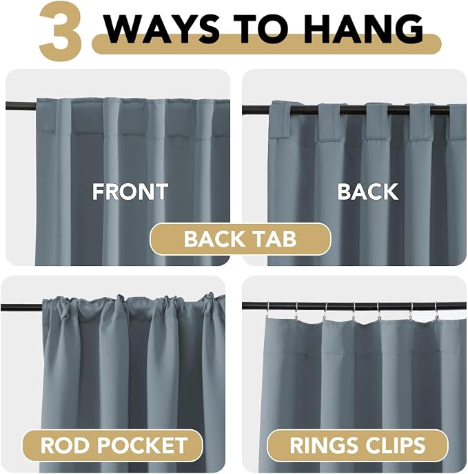H.VERSAILTEX Blue Back Tab Blackout Curtains 90 Inch Long for Living Room, Rod Pocket Room Darkening Thermal Insulated Black Out Curtains, 52 x 90 Inch, Stone Blue, 2 Panels