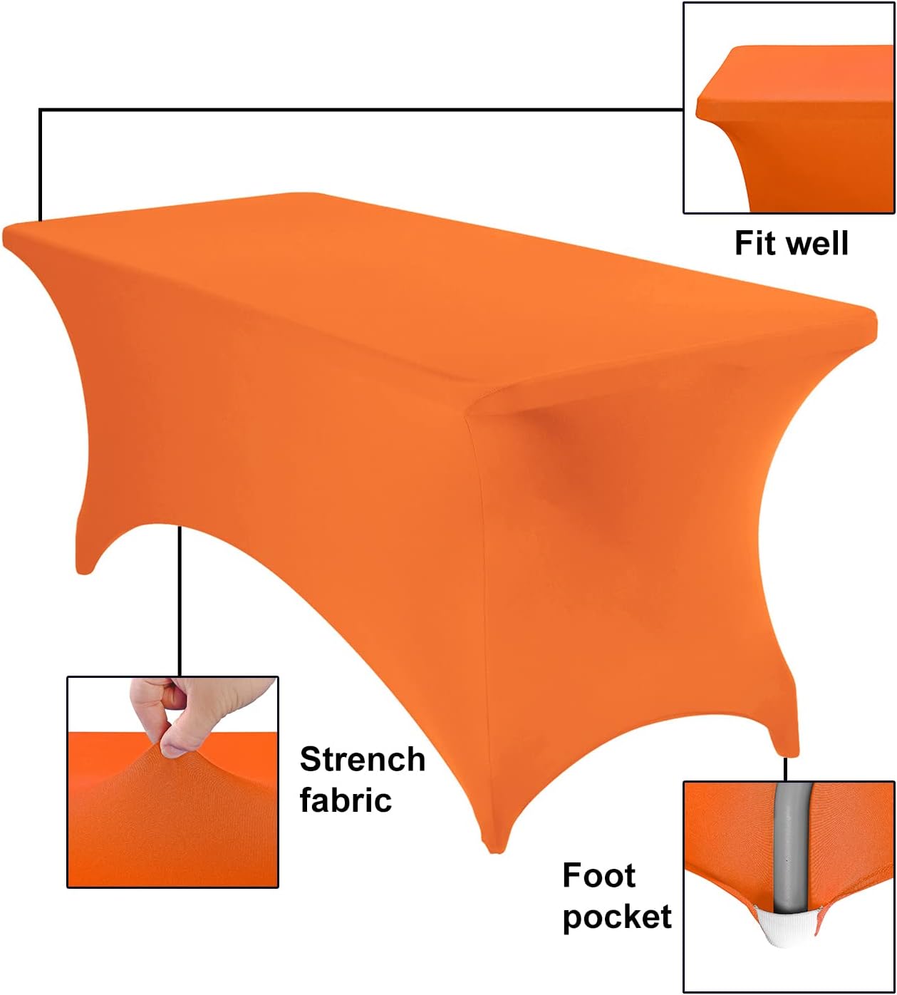 2Pack Spandex Waterproof Table Covers 6ft，Spandex 6ft Waterproof Table Cover for Party,Wedding, Banquet, and Events(Orange)