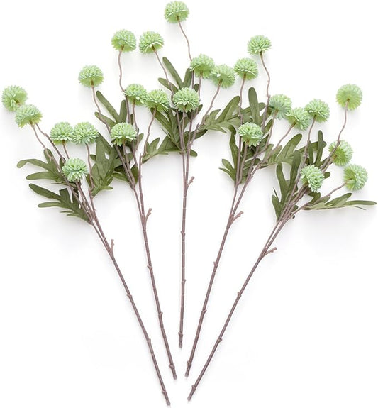Laelfe Artificial Pompon Mum, 5Pcs Fake Kiku Flowers Silk Small Mini Chrysanthemum Ball Faux Mum Decor for Vase Filler DIY Bouquet Centerpieces Arrangements Shower (Green)