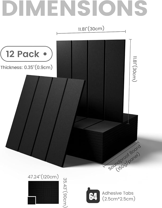 Fluxynara Felt Bulletin Board Tiles Large 48" x 36" Cork Board Alternative-12 Pack with 64 Adhesive Tabs, Thick Slat Wall Panels for Office Decor, Push Pin Board Wall Organizer Alternative -Black