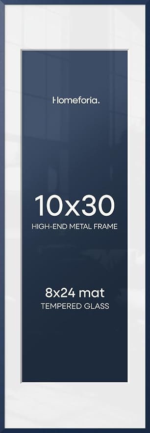 Homeforia 10x30 Navy Blue Picture Frame, High End Metal 10by30 Poster Frames with Mat 8x24 Photo, 10 x 30 Blue Frames Matted to 8 x 24 Print, 30x10 Panoramic Frames, Tempered Glass, Wall Kit, Set of 1