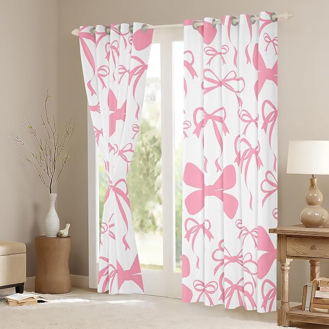 Feelyou Bow Room Darkening Blackout Curtain (2 Panels, 42 x 84 Inch) Black Cute Bowknot Curtains for Bedroom Living Room Pink Girls Bow Blackout Curtains Kawaii Bow Window Treatments