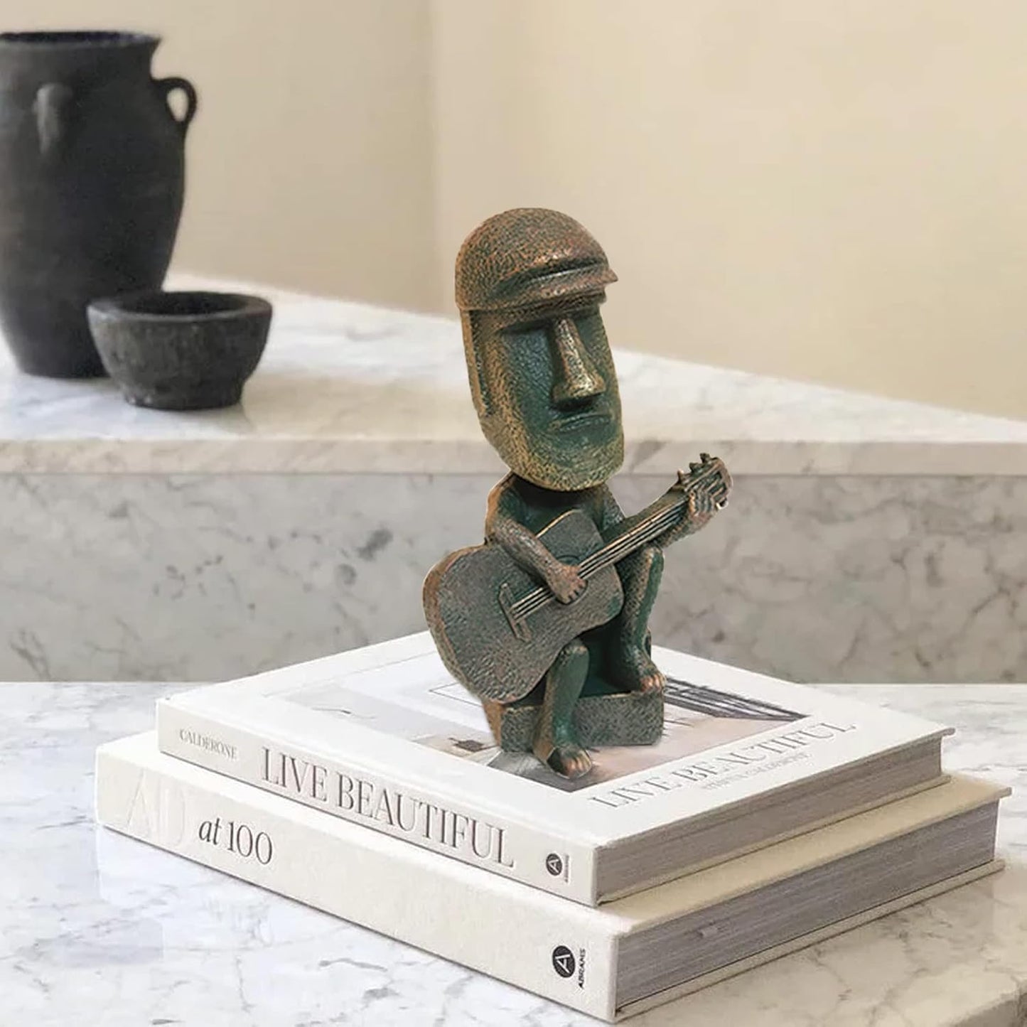 Moai Statue Decor - 6 Inch Easter Island Oranment Resin Stone Decoration for Room Accessories Antique Sculpture for Office Desktop (Play The Guitar)