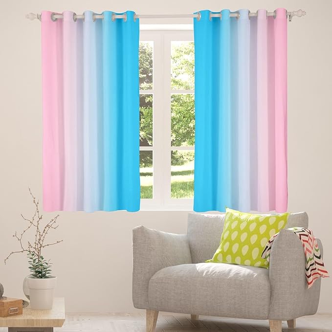 jejeloiu Blue Curtains for Bedroom Living Room for Kids Ombre Pink Blackout Curtains (2 Panels, 42 x 63 Inch) Gradient Style Darkening Drapes Decor Abstract Art Window Treatments