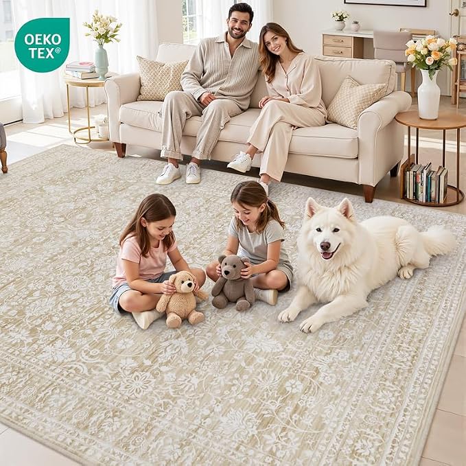 10x14 Area Rug for Living Room: Vintage Boho Neutral Washable Rug Indoor Soft Large Area Rug Carpet for Bedroom Nursery Farmhouse Dining Room Office Floor Non-Slip Low Pile Under Table Natural Beige