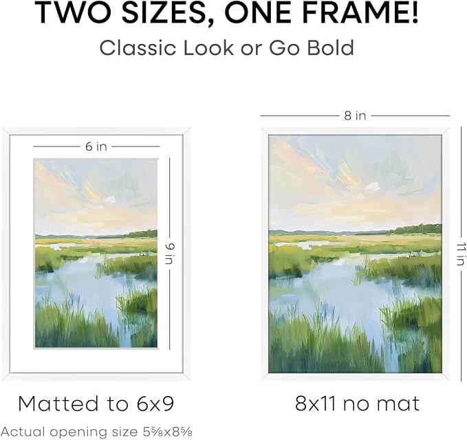 Homeforia 8x11 Picture Frame White, High End Metal 8 x 11 Poster Frames with Mat 6 by 9 for Photo, 11x8 Frame Matted to 6x9 inch Print, 8by11 Wall or Tabletop Frames, Tempered Glass, Wall Kit, Set of 2