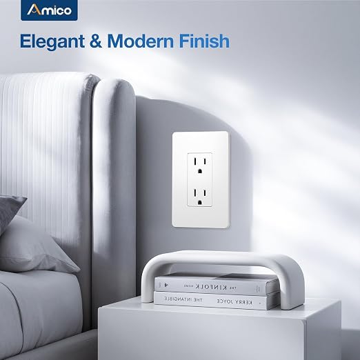 Amico Wall Outlet, UL Listed, Tamper Resistant Standard Electrical Outlet, Decorator Receptacle, Suitable for Home and Business, 125V/1875W, White, 15 Amp - Screwless Wall Plate, 30 Pack