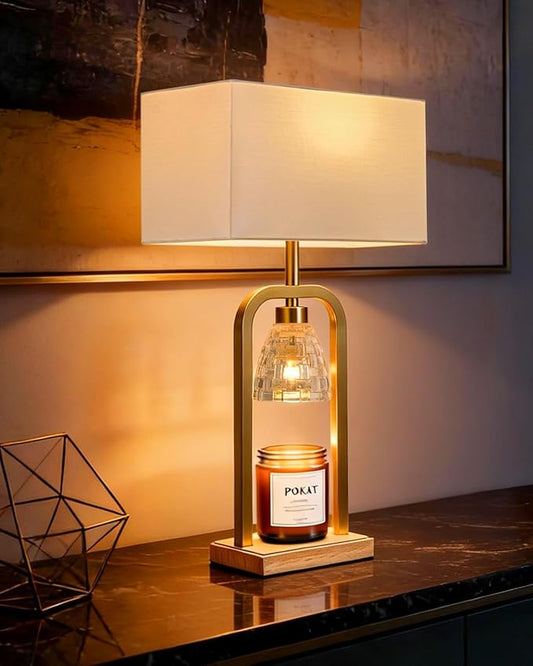 PoKat Gold Table Lamp Candle Warmer, Candle Warmer Lamp with Timer Dimmer, Wax Light Warming Table Lamp for Jar Candles, Modern Bedside Lamp for House Warming Home Decor Living Room, Bulb Included