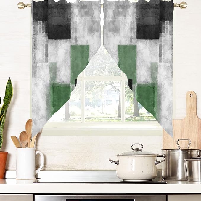 AAtter Green Kitchen Valance Curtain for Window Black Gray Grey Sage Olive Modern Funky Small Short Swag Topper Bathroom Living Room Bedroom Rod Pocket Drapes Fabric 1 Pair, 28" W x 36" L, Geometric