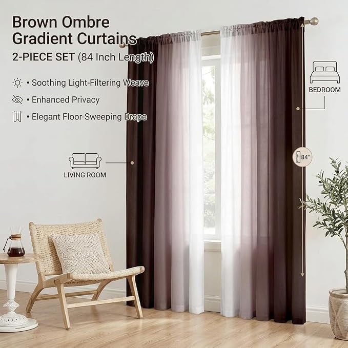 Brown Curtains for Living Room 84 Inch Length Brown White Ombre Curtains 2 Panel Bedroom Farmhouse Chocolate Ombre Light Filtering Window Curtain Modern Gradient Drapes