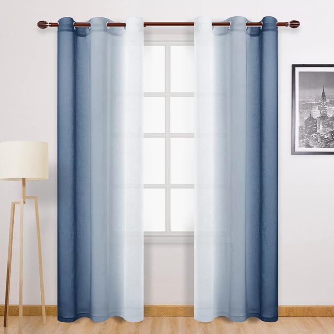 DWCN Blue Faux Linen Ombre Sheer Curtains - Gradient Semi Voile Curtains for Bedroom and Living Room, Set of 2 Grommet Top Window Curtain Panels, 42 x 84 Inches Long, Denim Blue