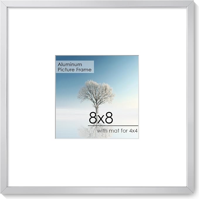 8x8 Square Picture Frame for 4x4 Photo, Minimalist Aluminum Frame, Silver | Sleek Silver Square Frame with 4x4 Opening for Wall Display, Tabletop, or Gallery Wall | Wall Kit Included