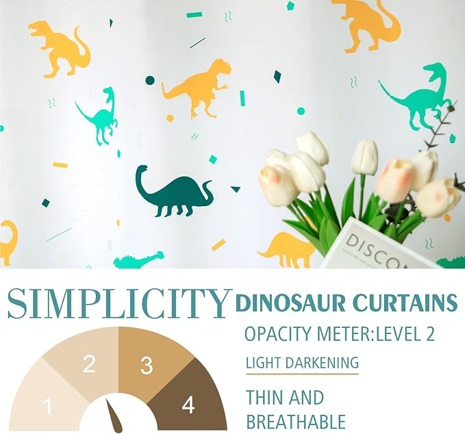 Dinosaur Curtains for Boys Bedroom Glow in the Dark Cartoon Rod Pocket Kids Boys Girls Simple Childish Cute Dino Wildlife Animals Pattern Window Drapes Nursery Bedroom Playroom Living room 2 Panels