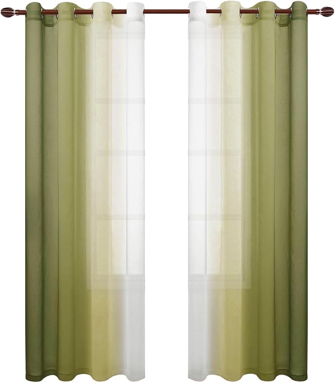DWCN Ombre Faux Linen Sheer Curtains - Semi Voile Gradient Bedroom and Living Room Curtains, 52 x 96 Inches Long, Set of 2 Grommet Top Window Curtain Panels,Olive Green