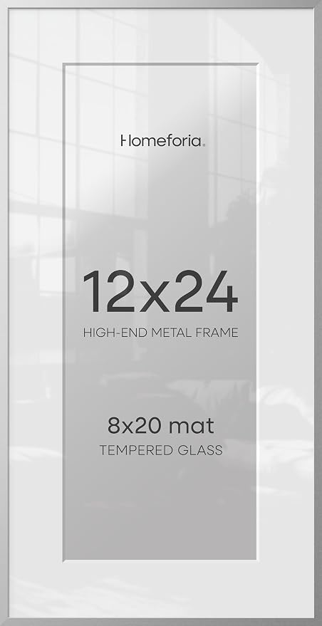 Homeforia 12 x 24 Picture Frame Silver, High End Metal 12x24 Poster Frames with Mat 8x20 Photo, 12 x 24 Silver Frames Matted to 8 x 20 Print, 24by12 Panoramic Frame, Tempered Glass, Wall Kit, Set of 1