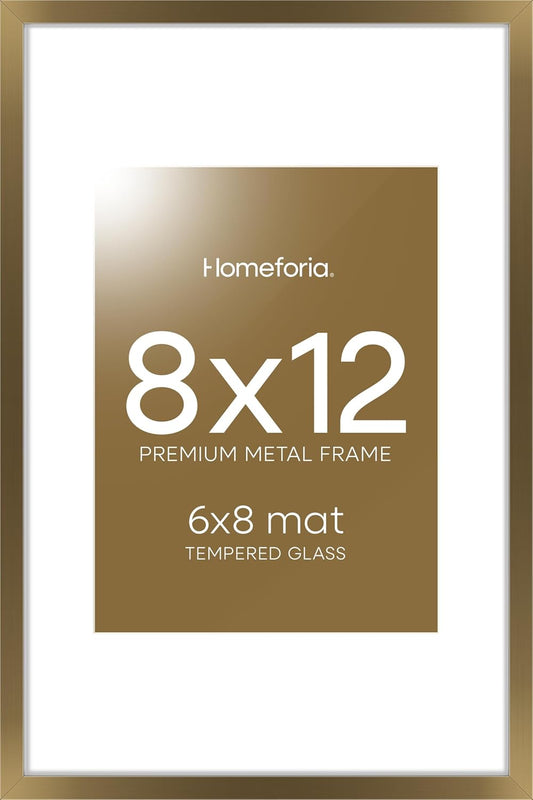 Homeforia 8x12 Picture Frame Bronze, High End Metal 8 x 12 Brass Frames with Mat 6 by 8 for Photo, 12x8 Frame Matted to 6x8 inch Print, 8by12 Wall or Tabletop Frame, Tempered Glass, Wall Kit, Set of 1