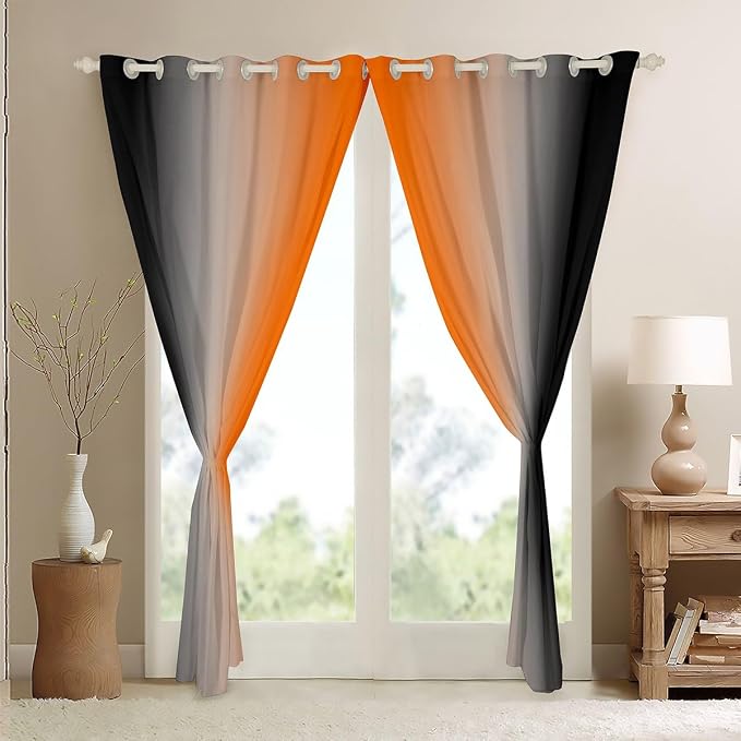 jejeloiu Orange Darkening Drapes (2 Panels, 52 x 96 Inch) Ombre Black Curtains for Bedroom Living Room for Kids Decor Gradient Style Blackout Curtains Abstract Window Treatments