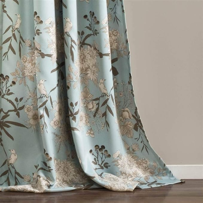 Lush Decor Botanical Garden Curtains Floral Bird Print Light Filtering Window Panel Drapes Set for Living, Dining, Bedroom (Pair), Blue, 52"W x 95L"