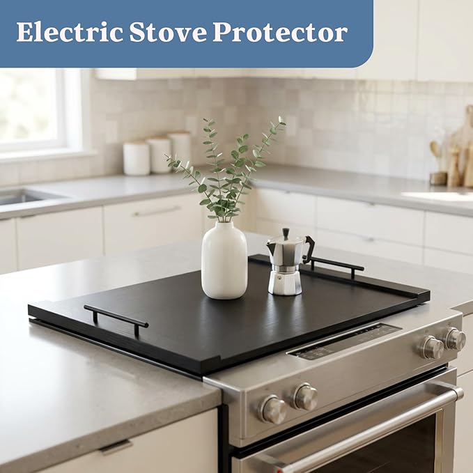Black Stove Top Cover for Gas & Electric Range | 30"x22" Wooden Noodle Board with Handles | Multi-Layered Wood Kitchen Space Saver