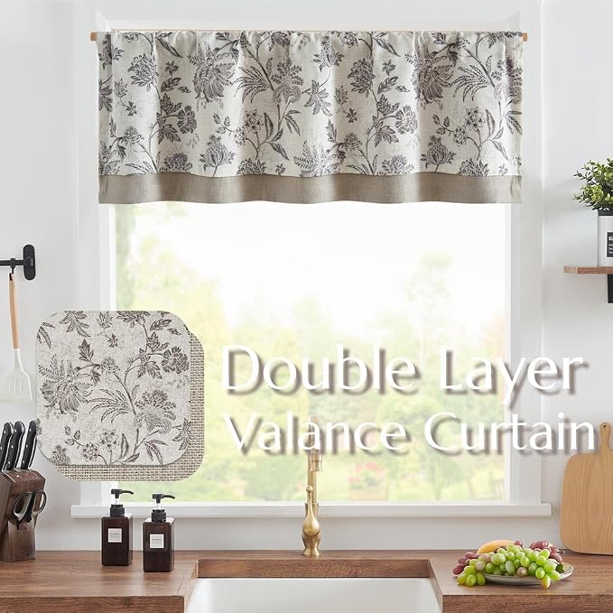 jinchan Floral Valance Curtain Linen Kitchen Valance for Windows 16 Inch Farmhouse Light Filtering Gray Floral Short Window Treatment for Living Room 1 Panel Rod Pocket Double Layer Grey on Beige