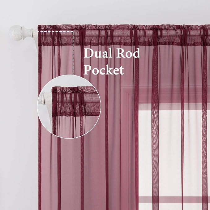 MIULEE Wine Red Christmas Window Sheer Curtains for Bedroom Living Room Solid Elegant Net Drapes 2 Panels Width 38 x Length 84 Inches