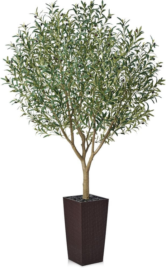 VeriNatural Artificial Olive Tree 8FT, UV Resistant Tall Fake Tree Indoor Outdoor with Brown Taper Planter & Pebbles – Potted Large Faux Plant for Modern Home Decor Living Room Office Patio, VN156