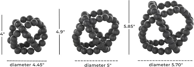 Deco 79 Wood Decorative Orbs & Vase Filler Beaded Decorative Balls with Overlapping Rings, Set of 3 Vase Filler 6', 5', 4'H, Black