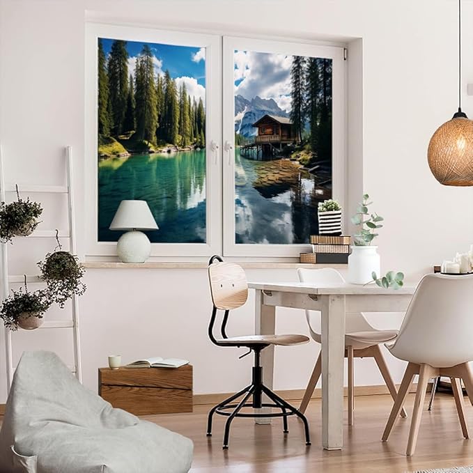Modern Lake Privacy Window Film Simple Cabin Nature Tree Mountain View Glass Sticker Window Film Home Windows Glass Decorative Door Covering Sun Blocking 27.6Wx39.4L inch x 2pcs