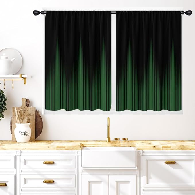 Coxila Green and Black Kitchen Window Curtains 27.5 x 36 Inch Small Short Mini Cafe Rod Pocket Gothic Goth Ombre Dark Cool Anime Living Bedroom Room Home Treatment Set of 2 Curtain Panels Drapes Tiers