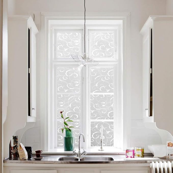 LEMON CLOUD Window Privacy Film, No-Adhesive Static Decorative Window Film, Frosted Stained Glass Window Cling Vine Design (17.5 x 78.7 Inch, White Leaf)