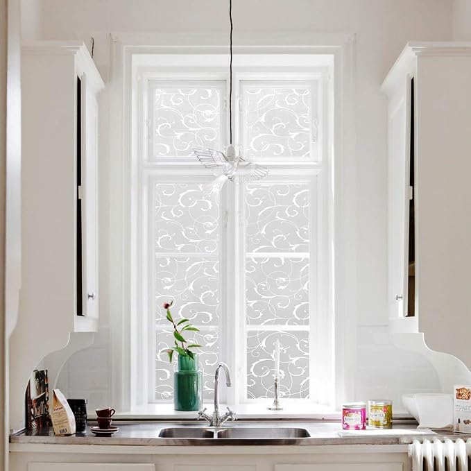 Lemon Cloud Frosted Window Privacy Film, Non-Adhesive Static Cling Decorative Window Stickers,Anti-UV Stained Glass Window Tint for Home Kitchen Bathroom Front Door, Vine-Patterned, 35.4" x 78.7"