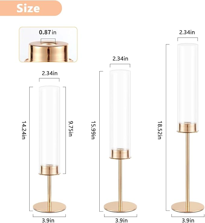 POKINE Gold Candle Holders Set of 3 for Glass Taper Candle Holders,Hurricane Candlestick Holder for Home Decor, Wedding, Dinning, Party Decorative, Anniversary (3,Gold)
