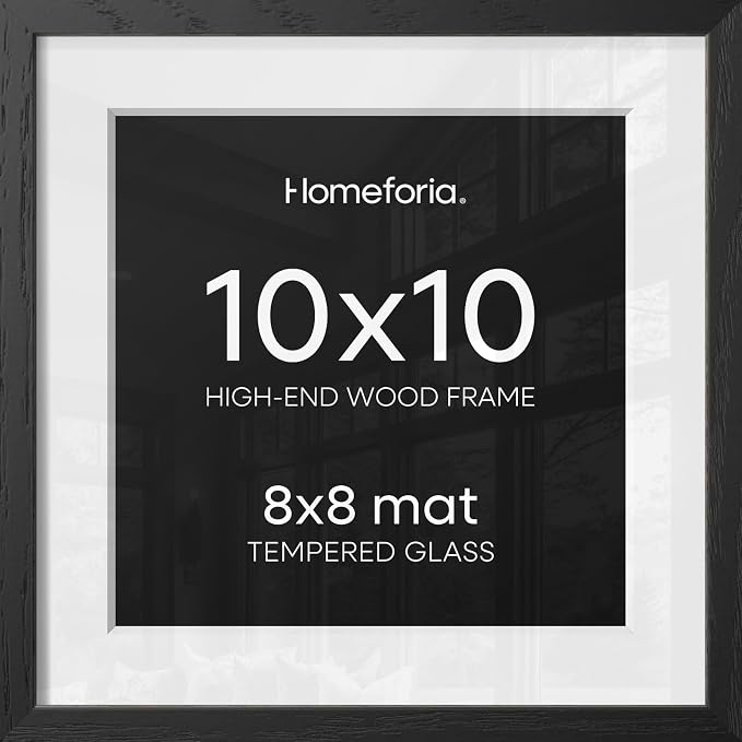 Homeforia 10x10 Picture Frame Black Wood, High-End Oak 10 x 10 Square Frames with Mat 8 by 8 Photo, 10by10 Wooden Frame Matted to 8x8 Print, Wall or Tabletop Frames, Tempered Glass, Wall Kit, Set of 1