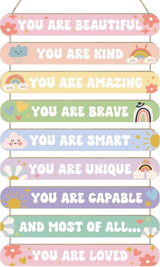 MONALET Pastel Cute Inspirational Motivational Wall Art Decor for Girls Room Nursery Baby Kids Playroom Bedroom Door, Positive Affirmations Hanging Wood Signs Decorations, Girly Wooden Plaque, 12x19