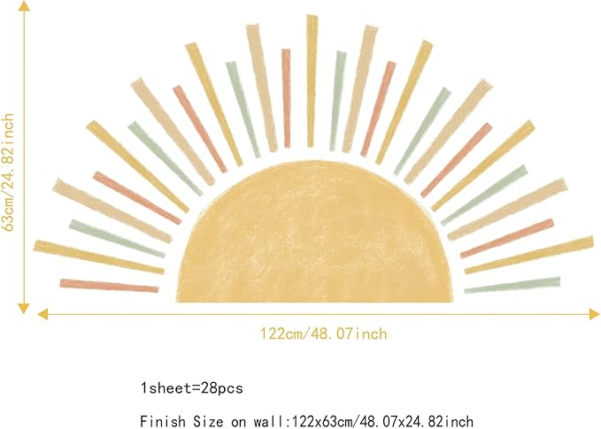 Large Boho Half Sun Wall Decals Peel and Stick, Watercolor Pastel Sun Decal Sunrise Wall Murals Stickers, Sunshine Wall Stickers for Kids Room Playroom Nursery Bedroom, 48.07" x 24.82"