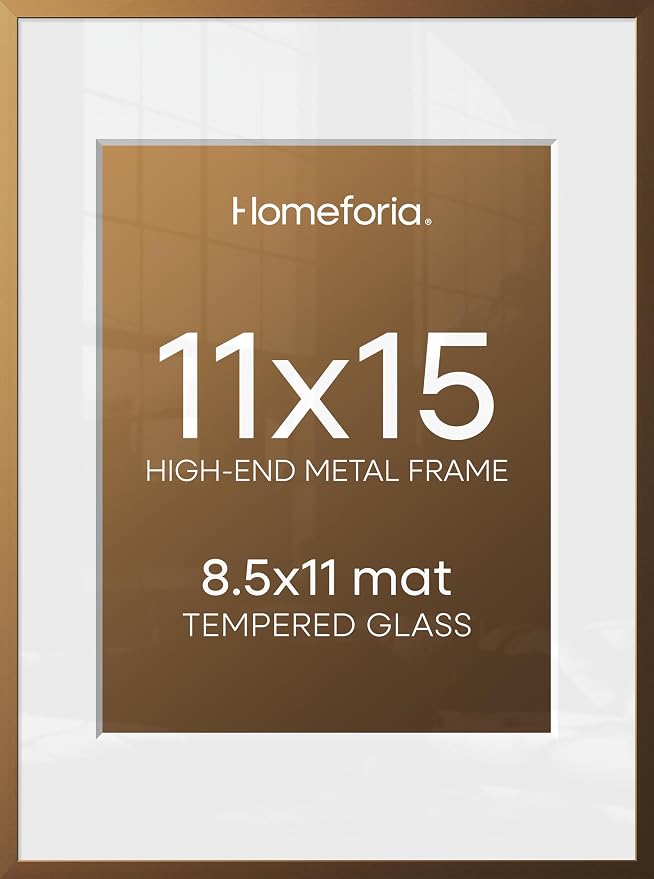 Homeforia 11x15 Bronze Picture Frame, High End Metal 11x15 Brass Frames with Mat 8.5x11, 11 x 15 Poster Frames Matted to 8.5 x 11 inch Photo, 11 by 15 Bronze Frames, Tempered Glass, Wall Kit, Set of 3