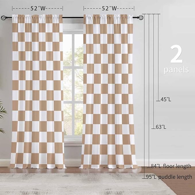 Beige Checkered Curtains for Bedroom,Rod Pocket Brown and White Semi Sheer Curtains Farmhouse Retro Checkerboard Light Filtering Drapes for Living Room,Set of 2 Window Curtain Panels,52 x 84 Inch