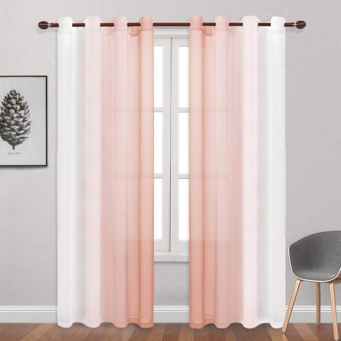 DWCN Blush Pink Faux Linen Ombre Sheer Curtains - Gradient Semi Voile Curtains for Girls Bedroom and Living Room, Set of 2 Grommet Top Window Curtain Panels, 52 Wide by 90 Inches Long