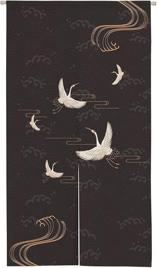 Ofat Home Japanese Crane Noren Curtain, 33.5" x 59" | Elegant flying crane and wave pattern doorway curtain in Japanese Zen style for living room or hallway decor
