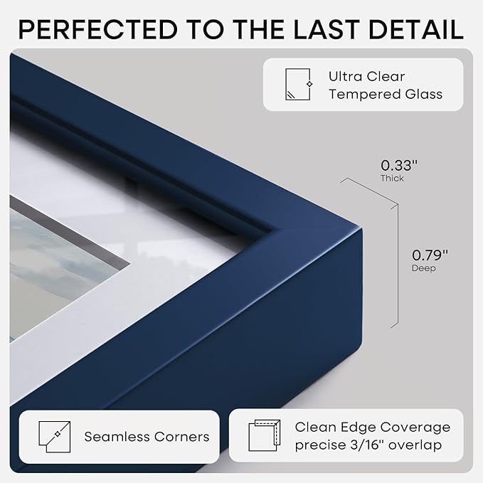 Homeforia 8x24 Panoramic Frame Navy Blue, High End Metal 8 x 24 Picture Frames without Mat, 24x8 Hanging Navy Blue Poster Frames for Wall, 8by24 Display Photo Frame, Tempered Glass, Wall Kit, Set of 2