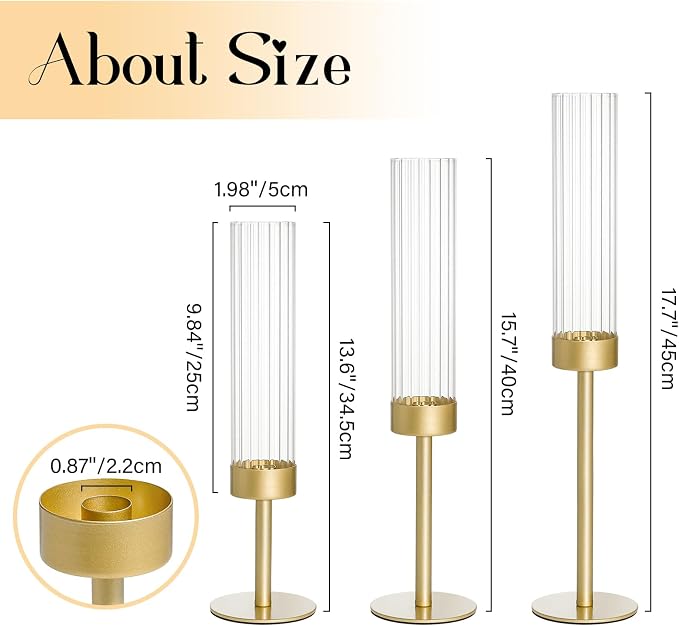 Gold Candle Holders Set of 9, Hurricane Brass Candlestick Holders for Taper Candles, Tall Candle Sticks Holder for Table Decor, Wedding, Party & Home Decorations