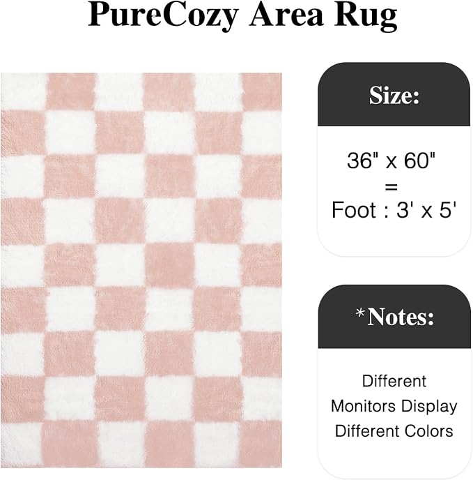 PureCozy Checkered Rug 3x5 for Playroom, Pink and White Shag Rugs Super Soft Washable Fluffy Carpet Indoor Fuzzy for Bedroom Home Dorm Aesthetic Decor
